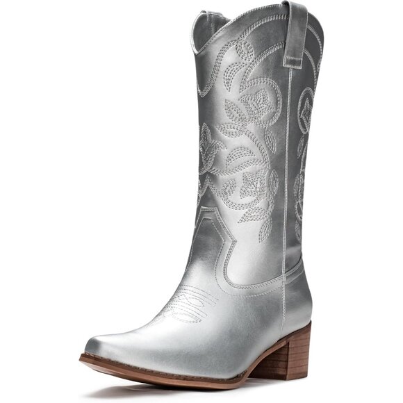 Women's Silver Pointy Toe Faux Leather Western Cowgirl Mid Calf Boots - Picture 1 of 6